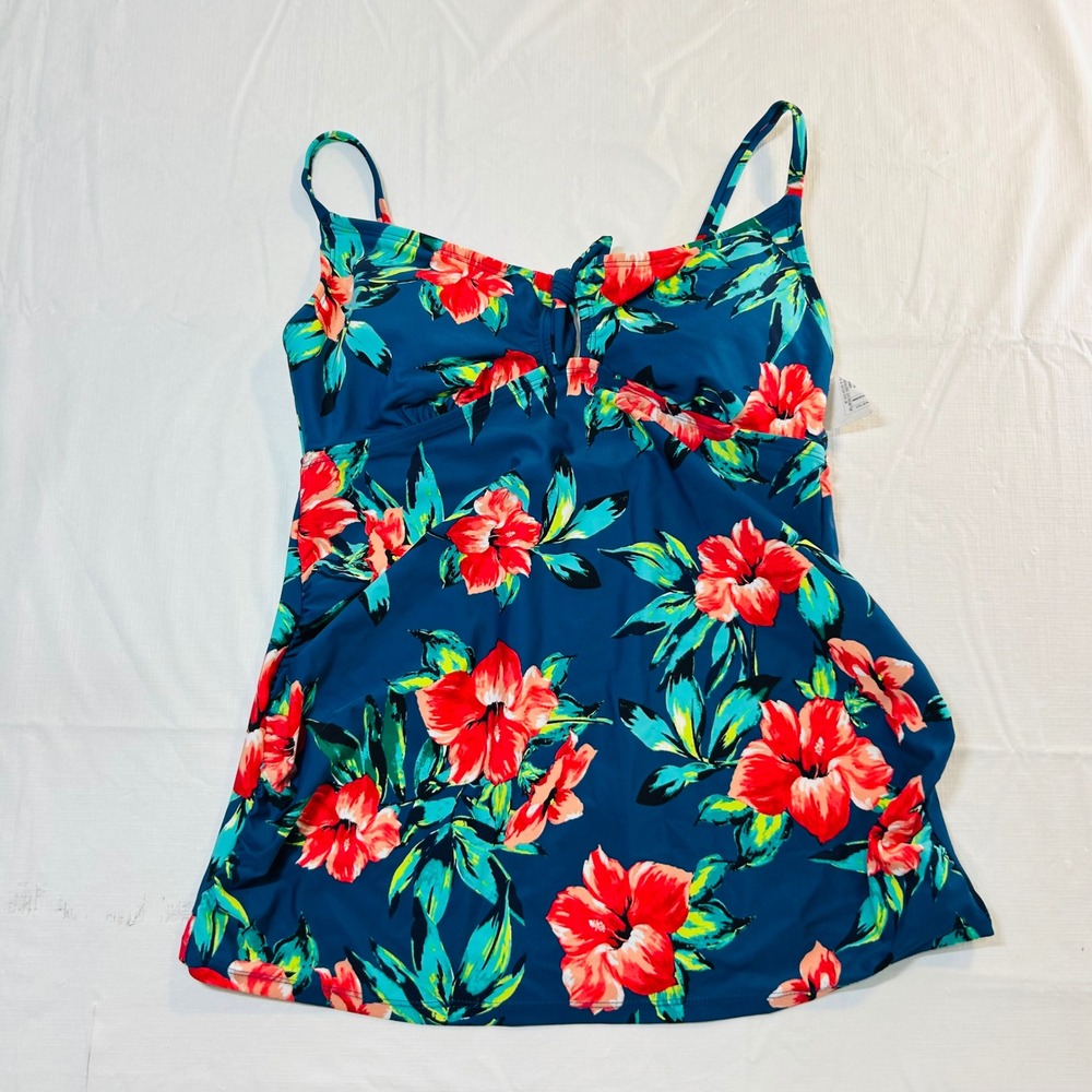 Isabel Maternity Teal Red Floral Tropical Tankini Swim Top Medium 2980‎